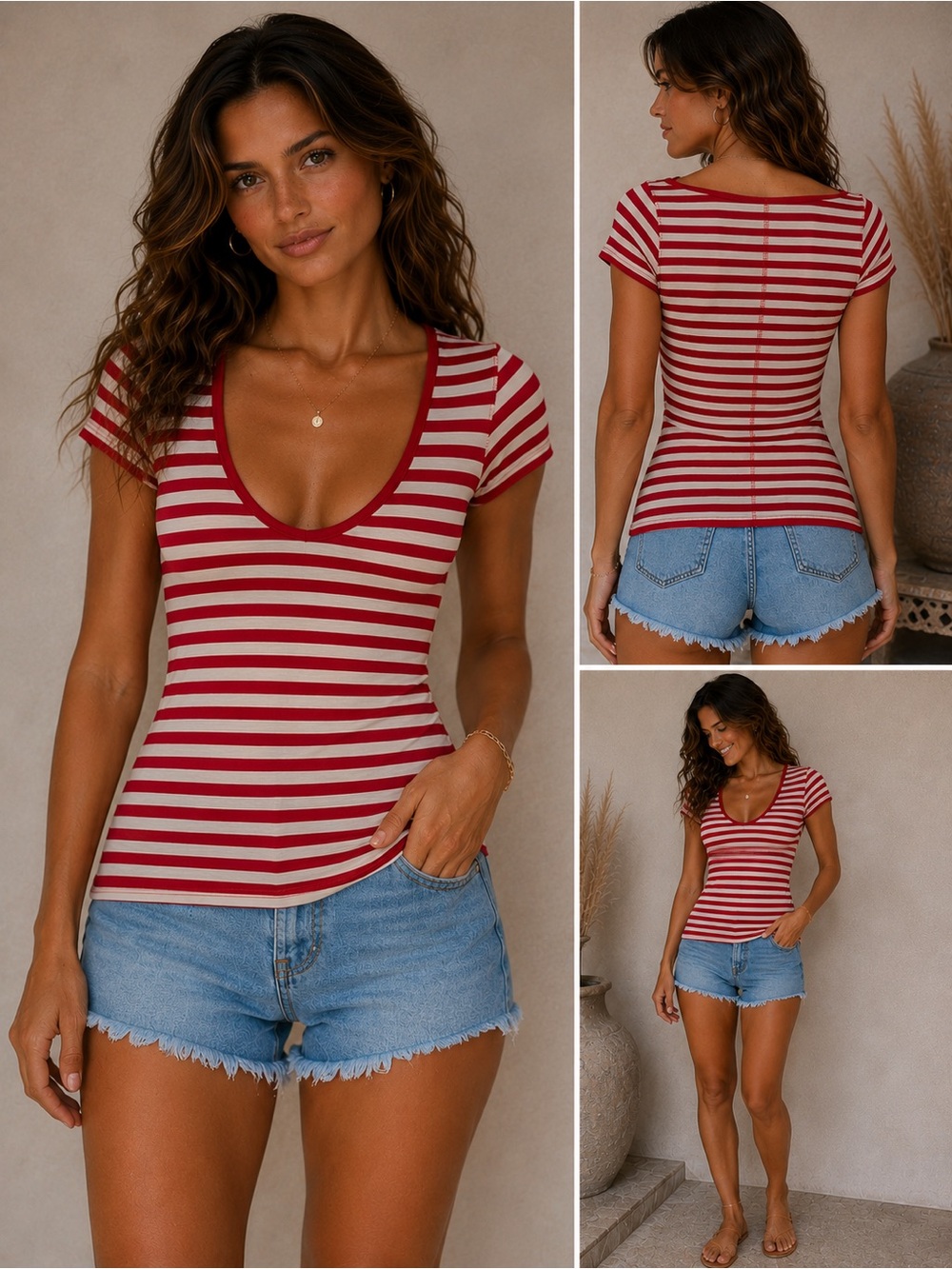 We The Free Red & Cream Striped Scoop Neck Tee